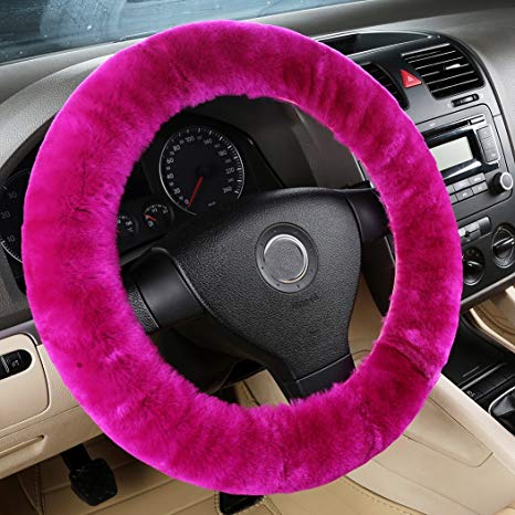 Bellesie Universal Warm Winter Genuine Wool Sheepskin Car Steering Wheel Cover Cushion Protector for 35cm-43cm Steering Wheel in Diameter