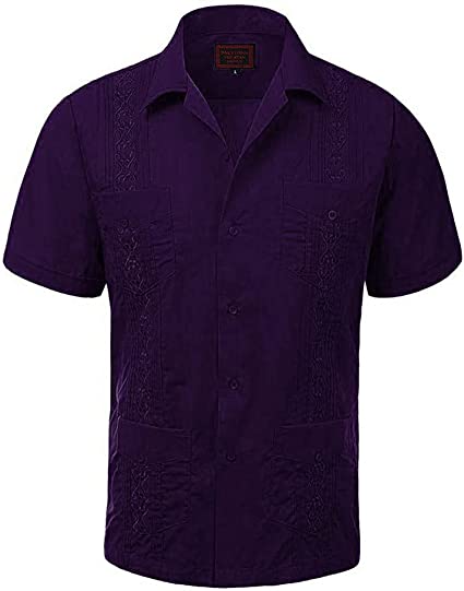 Maximos Men's Short Sleeve Button-Up Dress Shirt Cuban Embroidered Guayabera