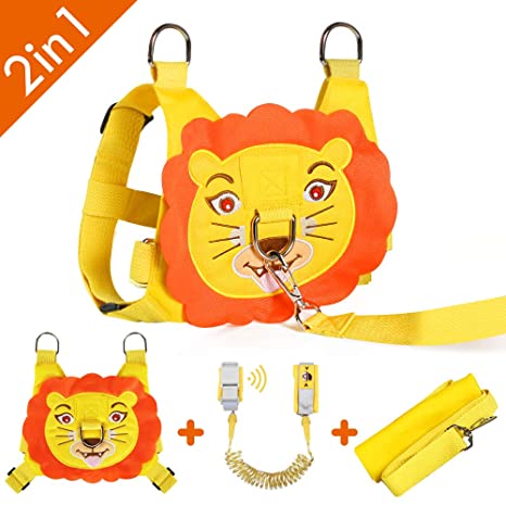 KWANITHINK Toddler Leashes for Walking Lion, 2 in 1 Kids Safety Harness   Anti Lost Wrist Link with Lock, Baby Leash Harness for Walking Boys and Girls (Yellow)