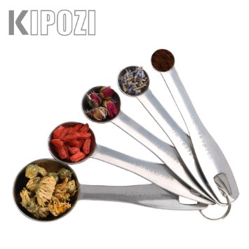 KIPOZI Sleek Stainless Steel Measuring Spoons, Set of 5 Accurate Engraved Spoons for Dry or Liquid
