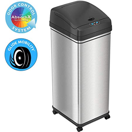 iTouchless Pet-Proof 13 Gallon Sensor Kitchen Trash Can with AbsorbX Odor Filter and Wheels, Stainless Steel Mess-Free Garbage Bin, Powered by Batteries (not Included) or AC Adapter (Sold Separately)