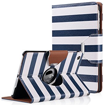 iPad Mini Case,iPad Mini 2 Case,iPad mini 3 Case,ULAK 360 Degree Rotating Synthetic Leather Stand Case Smart Cover for Apple iPad Mini 1/2/3 with Auto Sleep/Wake Function (White/Navy Blue Stripes)