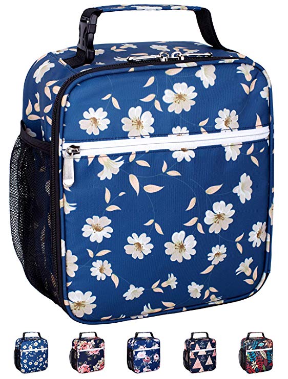 Leakproof Insulated Reusable Cooler Lunch Bag - Durable Compact Office Work School Lunch Box with Multi-Pockets & Detachable Buckle Handle for Women,Men and Kids-White Daisy