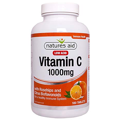 Natures Aid Vitamin C 1000 mg Low Acid 180 Tablets (With Rosehips and Citrus Bioflavonoids, Ideal for Sensitive Stomachs, for a Healthy Immune System, Vegan Society Approved, Made in the UK)