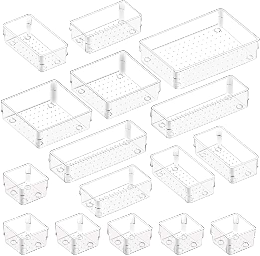 Kootek 16 Pcs Modular Drawer Organizer with 5-Size Drawer Dividers Makeup Organizers Bins Clear Customize Layout Storage Box with Bottom Wave Point Design for Bedroom Bathroom Kitchen Office