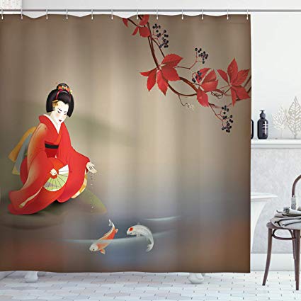 Lunarable Koi Fish Shower Curtain, Geisha Feeding Beast Autumn Time Culture Eastern Vibes Oriental, Cloth Fabric Bathroom Decor Set with Hooks, 70" Long, Sepia Multicolor