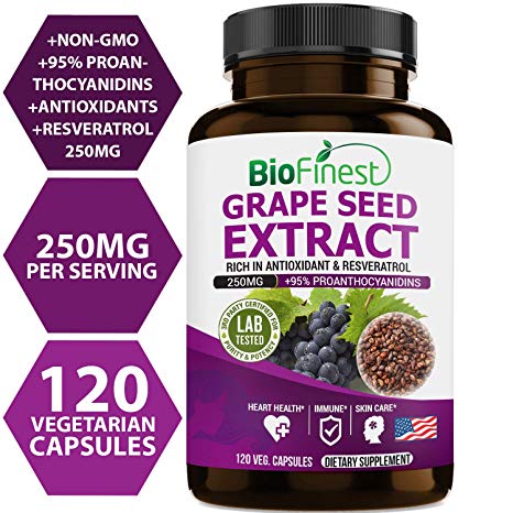 Biofinest Grape Seed Extract 250mg - 95% Proanthocyanidins - Pure Gluten-Free Non-GMO - Made in USA - Grape Seeds Supplements for Healthy Heart, Blood Pressure, Skin Care (120 Vegetarian Capsules)