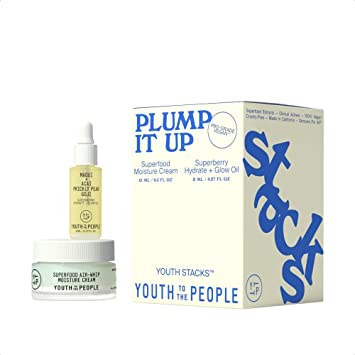 Youth To The People Youth Stacks Plump It Up - Superfood Moisture Cream (15mL) Superberry Hydrate   Glow Oil (8mL) Hydrating Skincare Kit - Face Moisturizer Set to Soften Skin - Vegan Skincare