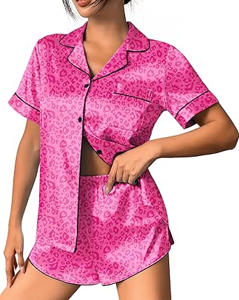 Ekouaer Womens Silk Satin Pajama Set Print Short Sleeve Sleepwear Button Down Pjs Shorts Set Loungewear