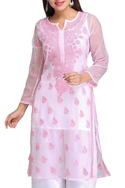 ADA Handmade Lucknow Chikan Regular Fit Faux Georgette Kurta Kurti (A130749_Pink)
