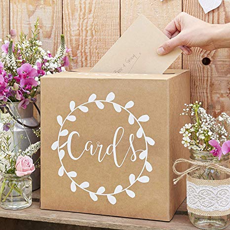 Ginger Ray Sturdy Wedding Day Card Box - Natural Kraft with White Text Post Box - Rustic Country