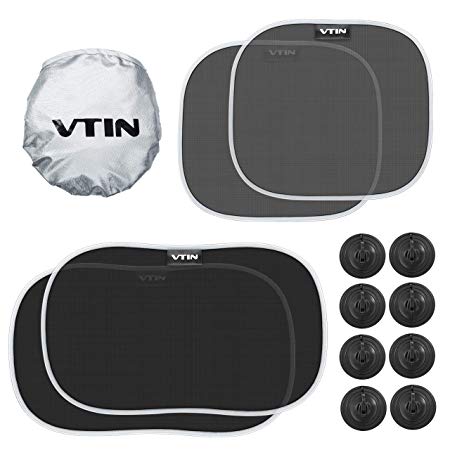 VTIN Car Window Shade, 4 Pcs 80 GSM Car Sun Shade White Hot Sun UV Protection for Universal Front/Back Seat Side Windows, 2 Pcs Black 20.3"×3.2" and 2 Pcs 17.3"×15" Semi-Transparent Sunshades With 8pcs Suction Cups Fix, Ideal For Baby, Children, Block Harmful UV, Road Trip, Privacy Protection