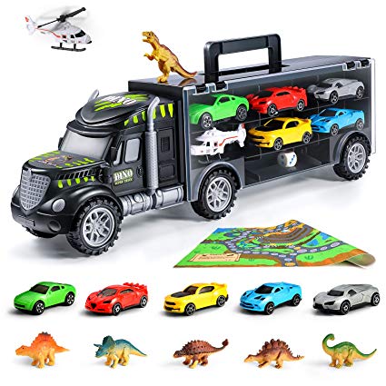 Veken Transport Car Carrier Truck Toy with 6 Dinosaur Toys, 5 Racing Cars, 1 Helicopter, 1 Baby Play Mat and 1 Dice for Board Game, Vehicle Playsets Gift for Ages 3, 4 and 5  Boys & Girls