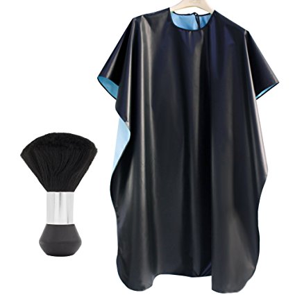 Queentools Professional Barber Set- Salon Hair Cut Waterproof Nylon Cape with Velcro Closure, Black, with Neck Duster, Black and Silver