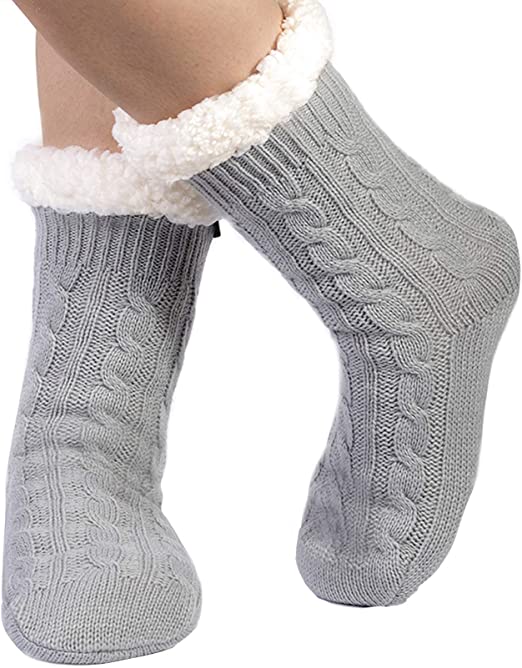 HomeTop Women's Comfy Cable Knit Sherpa Lined Slipper Socks with Anti-Skid Silicone Gripper