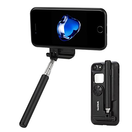 Selfie Stick Cell Phone Case, Go2linK 2 in 1 Bluetooth Highly-Extendable and Compact Handheld into Cell Phone Case with Rechargeable Remote Control and Positioning Mirror for iPhone 7/6/6s, Black