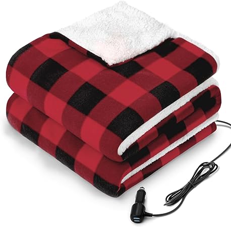 SEALY 12-Volt Heated Car Blanket with 2 Output USB Ports, 3 Heating Levels & 4 Hours Auto Off, Electric Blanket for Car Truck, SUV, RV or Camping, Machine Washable, 59" X 43", Plaid