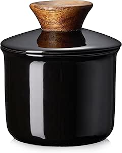 DOWAN Butter Crock for Counter, French Butter Keeper Crock with Water, Ceramic Airtight Butter Dish with Wood Knob Lid for Soft Butter, Black