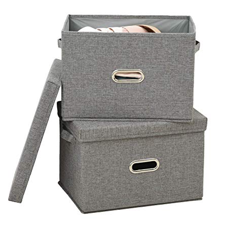 Polecasa Storage Bins with Lid-2 Pack-Removable Lid, Collapsible, Stackable, Linen Fabric. Storage Cubes Boxes Containers Organizer Basket for Home, Office, Bedroom, Closet, and Shelves(Medium| 26L)