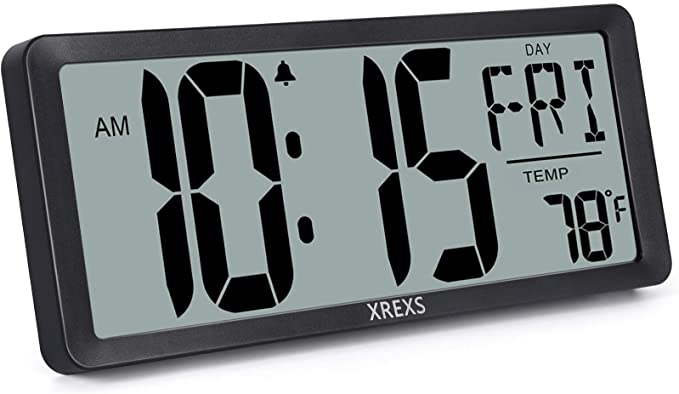 XREXS Large Wall Clock Digital, 13.46''Large LCD Display Clear Dementia Clocks, Loud Alarm Digital Clocks for Bedroom Home Decor, Calendar Clock with Time/Calendar/Temperature (Black)