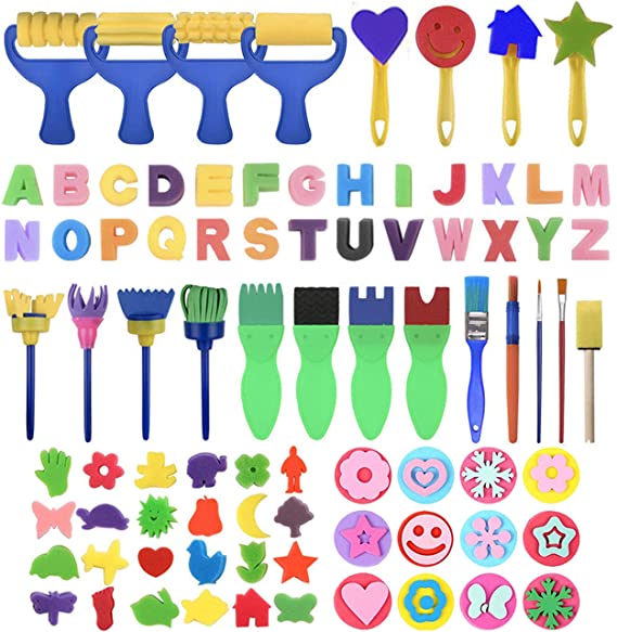 GOTONE 83 Pieces Kids Early Learning Sponge Painting Brushes Kit,Washable Sponge Drawing Shapes Pattern for Kids Toddlers Craft Drawing Gifts Age 3
