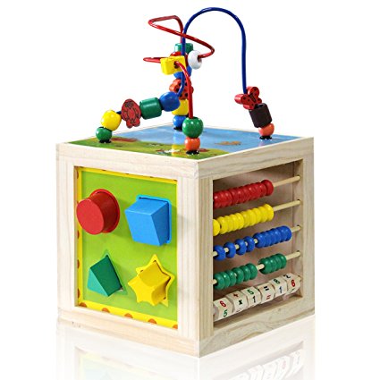 Wooden Activity Cube Bead Maze - NaXY 5 In 1 Learning Activity Center Play Cube Toys for Kids and Toddlers,Educational Toy