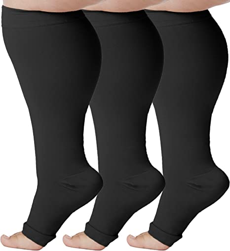 ABSOLUTE SUPPORT (3 Pairs) Plus Size Compression Socks Wide Calf 20-30 mmHg with Open Toe - Made Black, 3X-Large