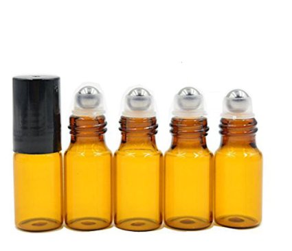 Teensery 3ml Refillable Empty Amber Glass Metal Roller Bottles With Black Caps For Essential Oil Perfumes And Lip Balms (12 pcs)