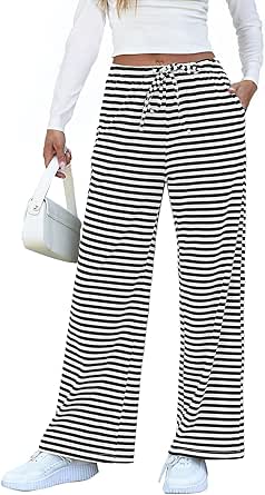 EVALESS Wide Leg Pants for Women Drawstring Elastic Waist Stripe Ribbed Sweatpants with Pockets