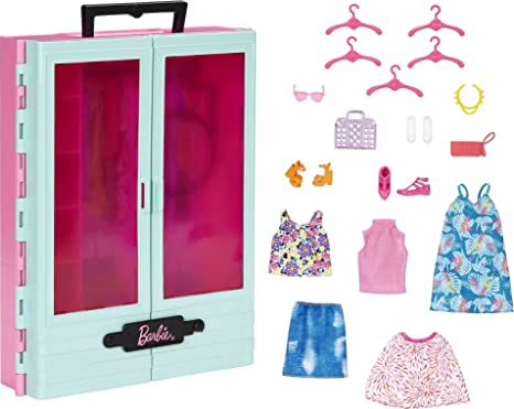 Barbie Closet Playset with 3 Outfits, 3 Pairs of Shoes, 2 Purses, Necklace and Sunglasses Accessories, 5 Hangars, Gift for 3 to 8 Years Old [Amazon Exclusive]