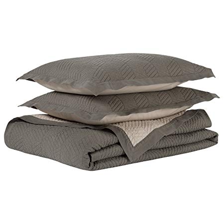 Rivet Modern Stone Washed Textured Geo Coverlet Full/Queen Set, 90" x 90", Charcoal