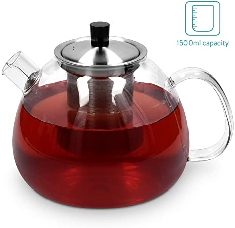 Navaris Glass Teapot with Infuser - 1500ml Borosilicate Glass Tea Pot with Stainless Steel Strainer, Lid, Wire Coil Filter on Spout for Loose Leaf Tea