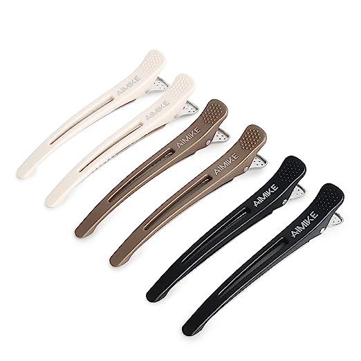 AIMIKE 6pcs Professional Hair Clips for Styling Sectioning, Non Slip Duck Billed Hair Clips with Silicone Band, Salon and Home Hair Cutting Clips for Hairdresser, Women, Men - Brown & Apricot & Black