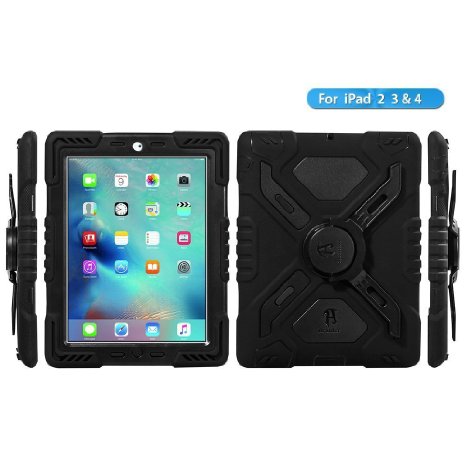 Ipad 2/3/4 Case Afranker Plastic Kid Proof Extreme Duty Dual Protective Back Cover with Kickstand and Sticker for Ipad 4/3/2 - Rainproof Sandproof Dust-proof Shockproof (Black)