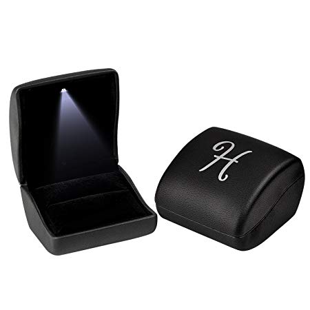 ANDREW FAMILY Black Monogram Jewelry Gift Boxes Case with LED light for Ring Earring Pendant, Initial- H