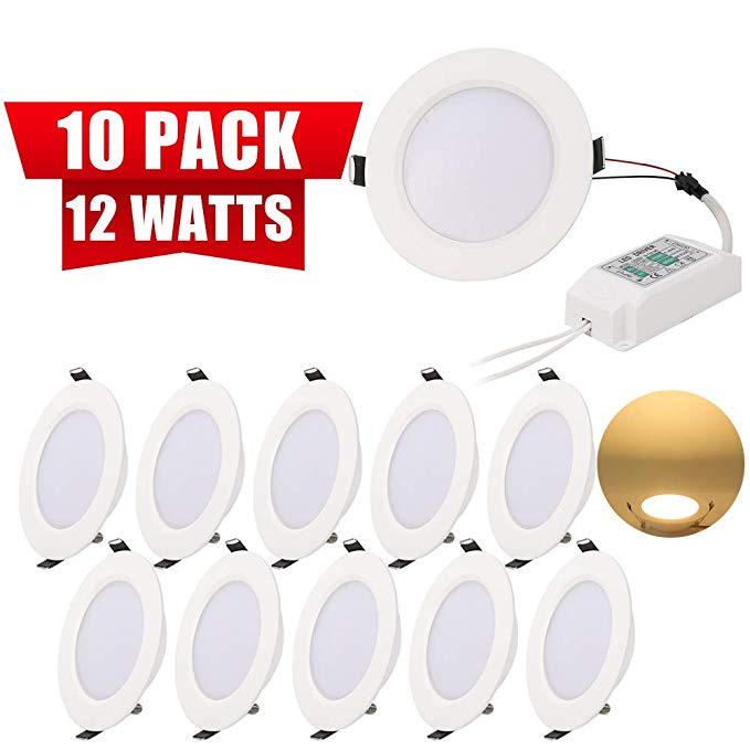 12W 4" Ultra-Thin Recessed Ceiling Light with Driver, 3000K Warm White,Dimmable Panel Downlight, 900lm 100W Eqv for Home Office Commercial Lighting, Pack of 10