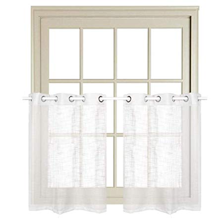 Rayzon White Semi Sheer Curtains Tiers for Kitchen Window Curtains Linen Texture Grommet Curtain Panels, 36" L, 2 Panels
