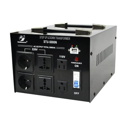 Goldsource STU-N Series 5000W Heavy-duty Step Up / Down Voltage Transformer / Converter with US Standard, Universal, German/French Schuko AC Outlets & DC 5V USB Port - AC 110/220V, 5,000 Watts