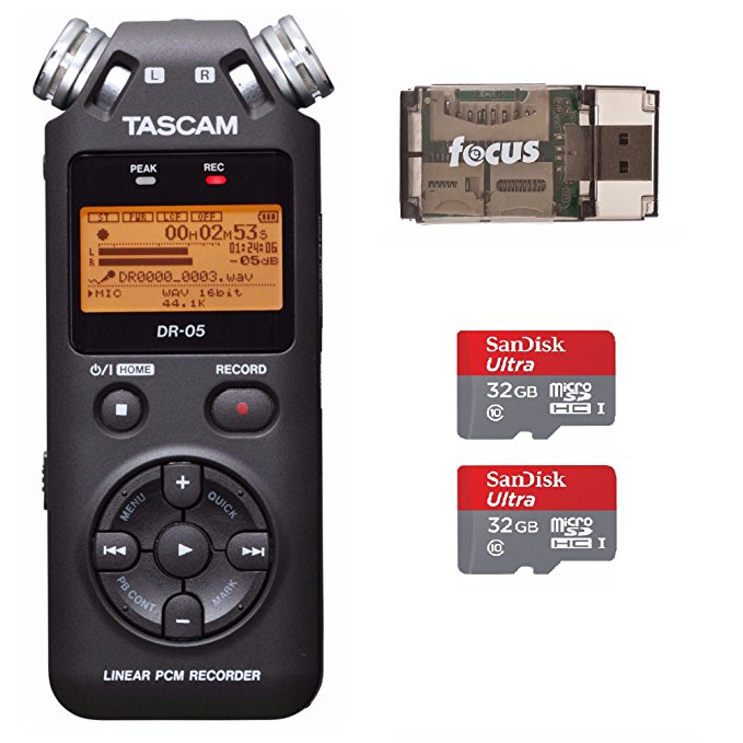 Tascam DR-05 Portable Digital Recorder w/SanDisk 32GB Card (2) & Card Reader