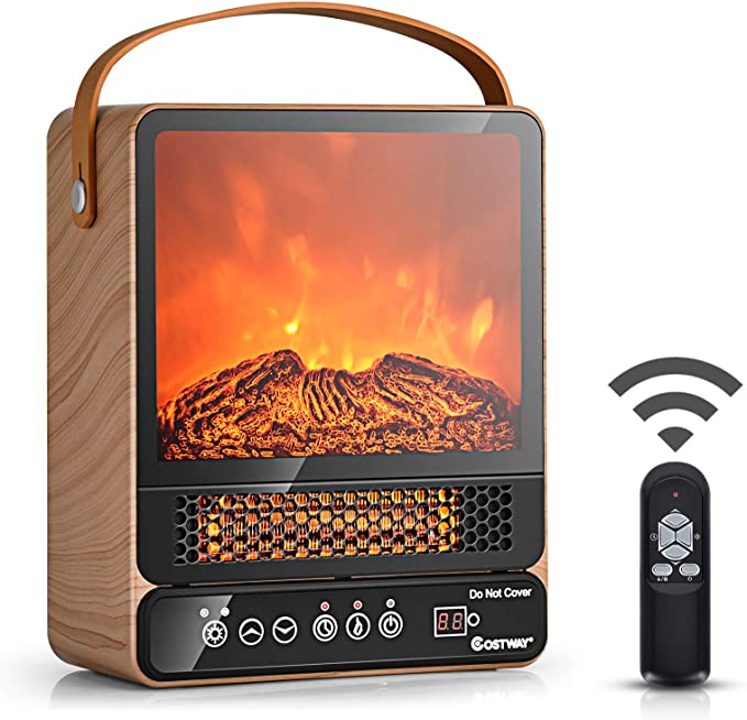 COSTWAY Portable Electric Fireplace, 750W/1500W Mini Electric Heater with 50℉ to 90℉, 12H Timer, Remote Control, 4 Flame Brightness, Tabletop Fireplace Heater for Home Office Indoor Use, Maple