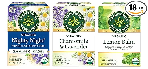 Traditional Medicinals Organic Relaxation Tea Variety Pack, 1 Box Nighty Night Tea, 1 Box Chamomile & Lavender, 1 Box Lemon Balm, 16 Tea Bags/Box (Pack of 3)