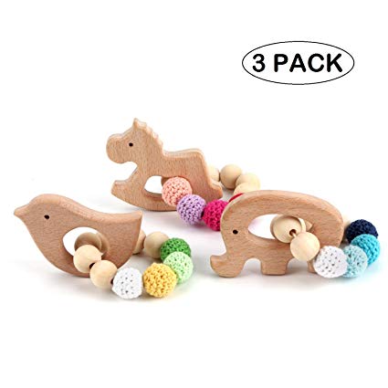 cGy 3 Pack Beech Wooden Teethers Natural Baby Teething Toys, Wood Baby Toys, DIY Soothing Pacifier Charms, Chewable Toy Baby Teething Gift Baby Jewelry of Elephant,Bird,Cockhorse
