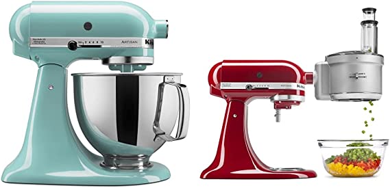 KitchenAid KSM150PSAQ Artisan Series 5-Qt. Stand Mixer with Pouring Shield - Aqua Sky & KSM2FPA Food Processor Attachment, Dicing Kit, Silver