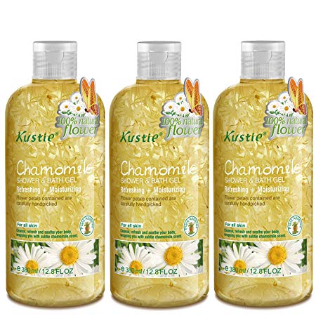 Chamomile Flower Petals Body Wash - Shower and Bath Gel - Handpicked Natural Flower Petals - Chamomile Essential Oil - Refreshing and Moisturizing - Paraben Free - For All Skin (3 x 380ml /12.8 Oz)