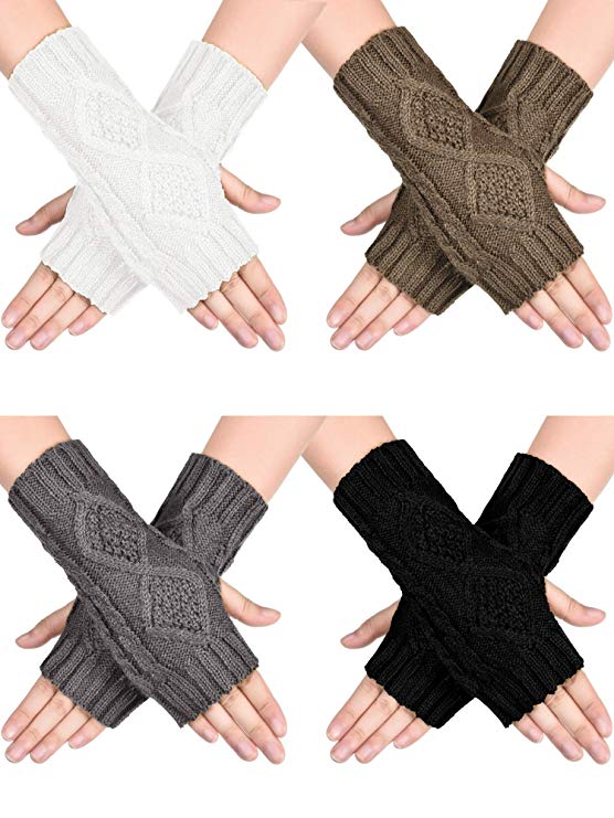 4 Pairs Women Winter Warm Knit Fingerless Gloves Thumbhole Arm Warmers Mittens