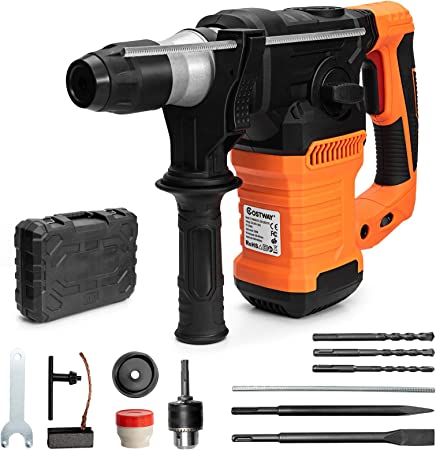 COSTWAY Rotary Hammer Drill, 1500W SDS Plus Electric Drills with 360° Rotating Handle, 4 Functions & Variable-Speed, Including 3 Drill Bits, Flat Chisel, Point Chisel