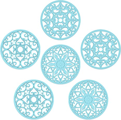 SMARTAKE 6 Set Silicone Trivet Mats, Multi-Use Carved Trivet Mat, Insulated Non-Slip Durable Kitchen Mats, Flexible Modern Kitchen Table Mat, for Hot Dishes, Pots, Dining Countertop, Light Blue