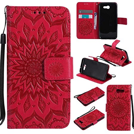 Galaxy J3 2017 Case, KKEIKO® Galaxy J3 2017 Flip Leather Case [with Free Tempered Glass Screen Protector], Shockproof Bumper Cover and Premium Wallet Case for Samsung Galaxy J3 2017 (Red)