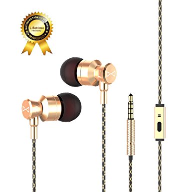 Marsno M1 Wired Metal In Ear Headphones, Noise Isolating Stereo Bass Earphones With Mic，Dynamic Drivers Provide Stereo & Crystal Clear Sound (Gold)