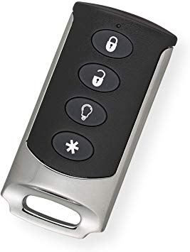 Interlogix TX-E101 Wireless 4-Button Chrome Keyfob; LED Confirmation of Wireless Signal Transmission; Arm, Disarm and Two Programmable Buttons; Replaceable Battery; Durable Silk-screened Button Labels